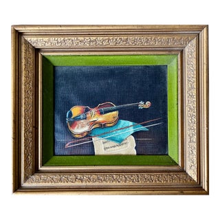 Vintage Mid-Century Violin Still Life Painting in Gilt Frame With Velvet Liner For Sale