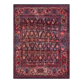1920s Blue Navy Herati Antique W. Persian Bijar Rug 4' X 5'3" Handknotted Wool Carpet For Sale