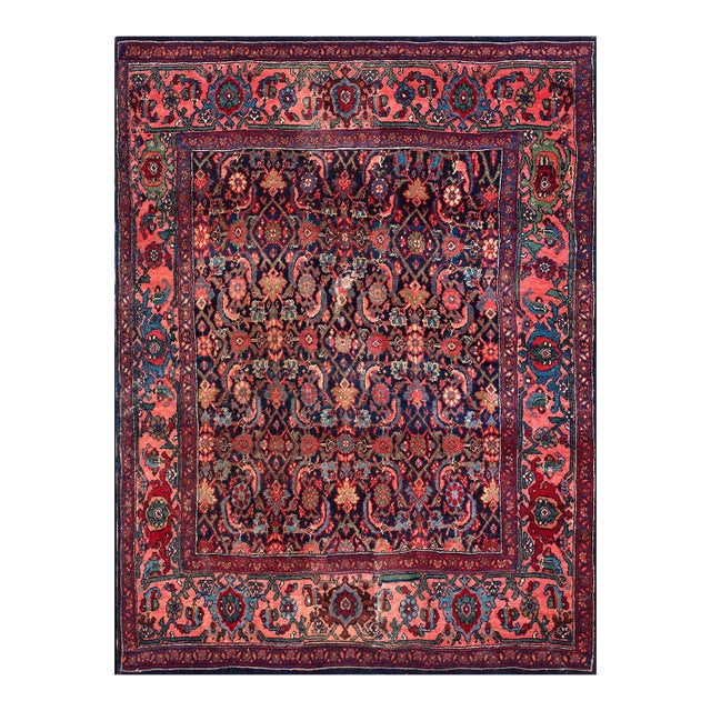 1920s Blue Navy Herati Antique W. Persian Bijar Rug 4' X 5'3" Handknotted Wool Carpet For Sale