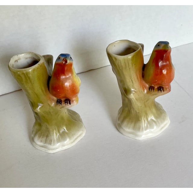 Mid-Century Modern 1940s Vintage Czechoslovakia Ceramic Bird on Log Double Bud Vases- a Pair For Sale - Image 3 of 8