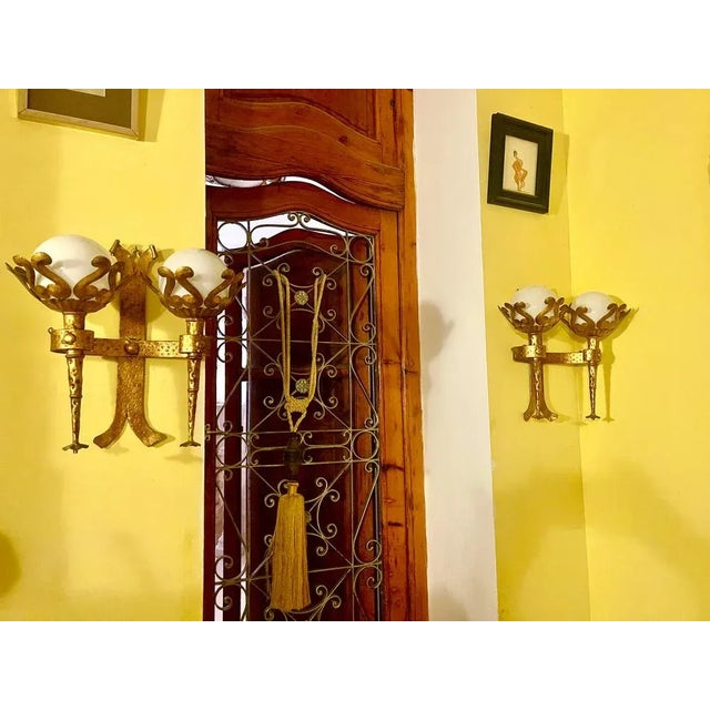 Gold Spanish Wall Light in Gilt Iron with Milk Glass Globes, 1950, Set of 2 For Sale - Image 8 of 10