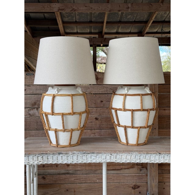 Monumental Boho Coastal Regency Plaster Lamps With Hand-Wrapped Rattan Cage & Linen Shades For Sale - Image 11 of 11