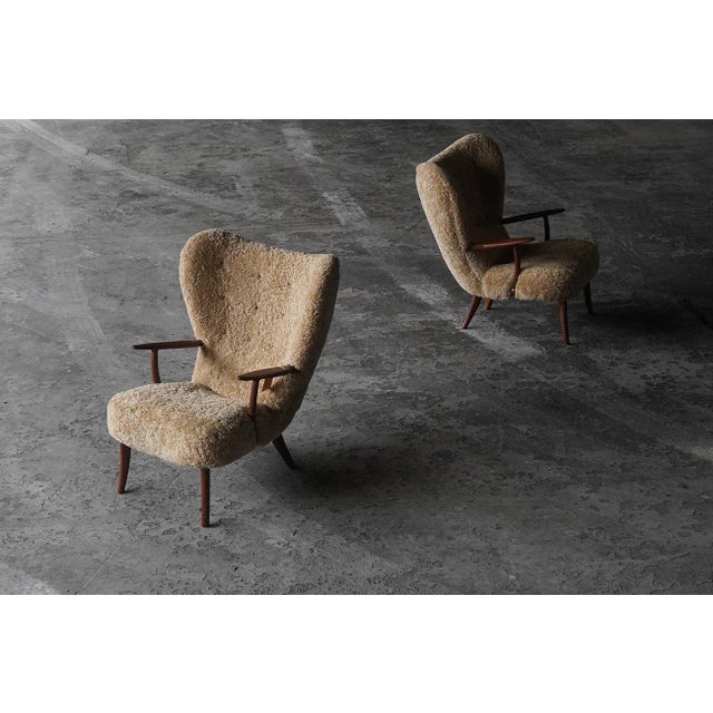 Prague Chairs in Real Sheepskin from Madsen & Schübel, Denmark, 1960s, Set of 2, in Restored conditions. Designed 1960 to...