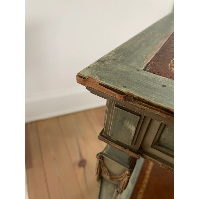 1990s Vintage French Empire Distressed Green Patina and Leather Tooled Inset Side Table For Sale - Image 4 of 9