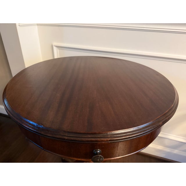 Wood Vintage Regency Style Mahogany Pedestal Drum Side Table With Brass Claw Feet For Sale - Image 7 of 12