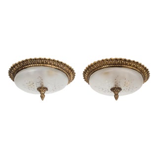 1960s Spanish Brass Flush Mounts & Etched Frosted Glass - A Pair For Sale