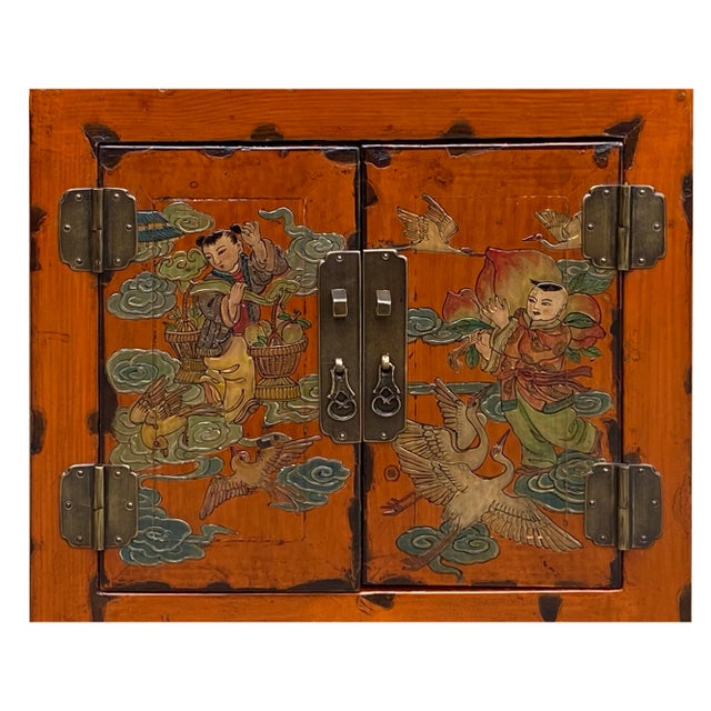 Chinese Distressed Orange People Graphic End Table Nightstand For Sale In San Francisco - Image 6 of 7