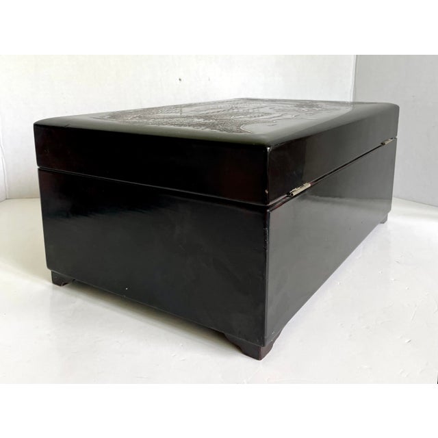 Vintage Black Lacquer Asian Jewelry Box With Mother of Pearl Inlay For Sale - Image 10 of 12