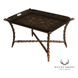 Tole Painted Tray Top Coffee Table With Gilt Metal Base For Sale