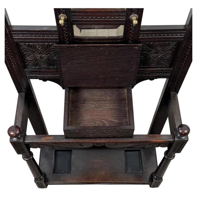 19th Century Antique English Victorian Carved Oak Hall Stand with Mirror For Sale - Image 4 of 12