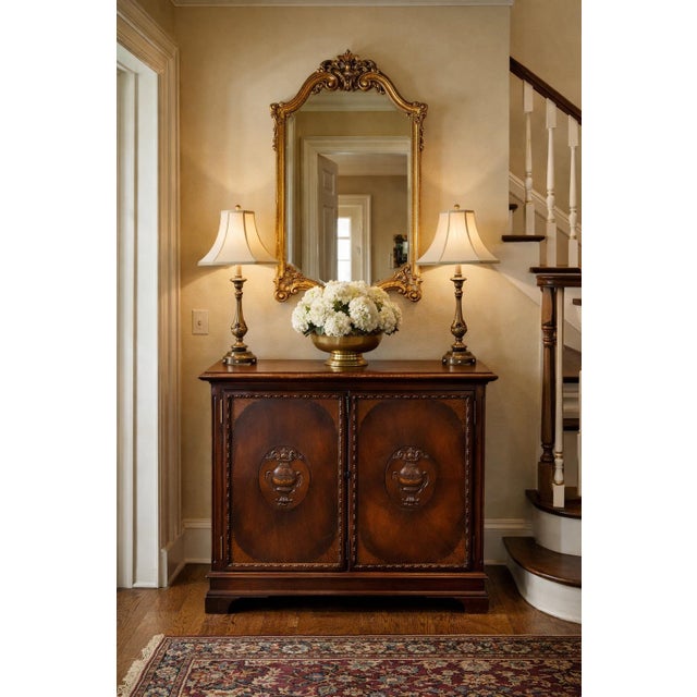 Wood Vintage Baker Mahogany Entry Cabinet / Console With Carved Urn Doors and Interior Drawers For Sale - Image 7 of 12