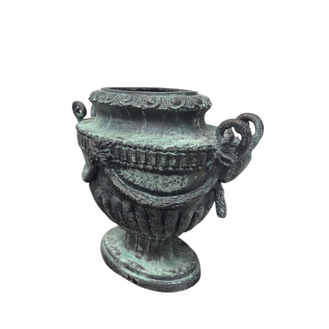 Neoclassical Classical Style Cast Iron Garden Urn With Ram's Head Handles For Sale - Image 4 of 11