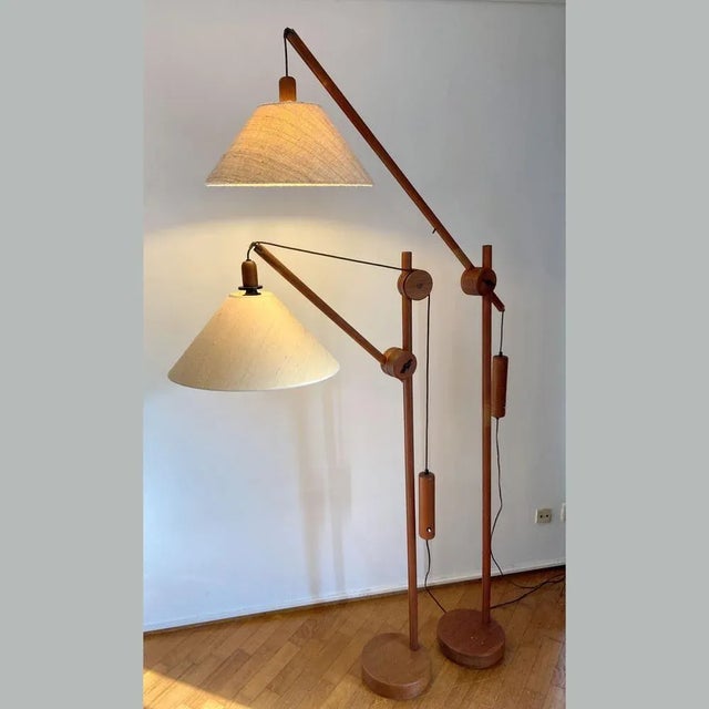 Scandinavian Teak Counter Balance Floor Lamp with Silk Shade For Sale - Image 9 of 10