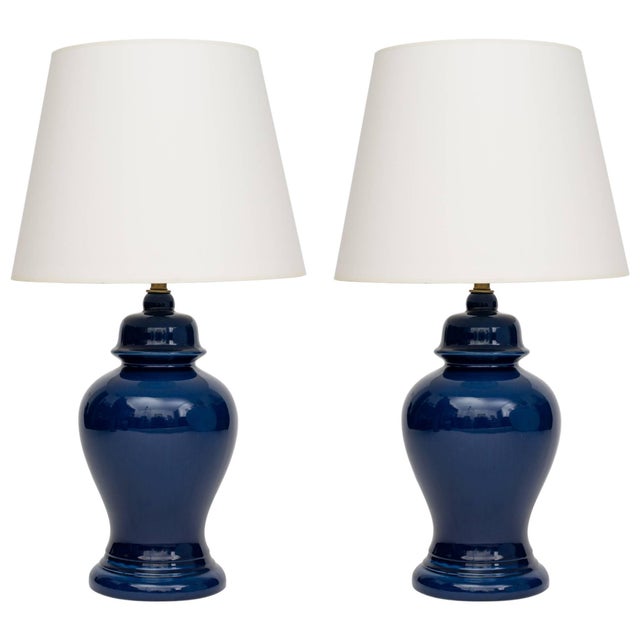 Mid 20th Century Indigo Ceramic Ginger Jar Lamps - a Pair For Sale - Image 5 of 5