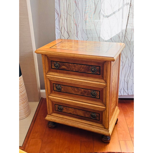 Vintage Burl Wood Veneer Inlaid Three-Drawer Chest With Bun Feet For Sale - Image 4 of 10
