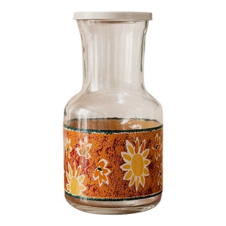 Vintage Mid Century Modern Kig Glass Carafe Sunflower Floral Orange Retro Juice Pitcher For Sale