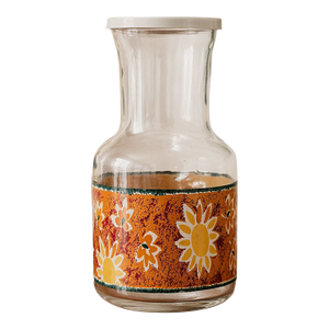 Vintage Mid Century Modern Kig Glass Carafe Sunflower Floral Orange Retro Juice Pitcher