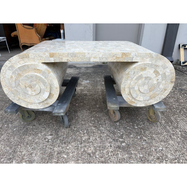 1980s Maitland-Smith Tessellated Travertine Scroll Cocktail Table For Sale - Image 12 of 13