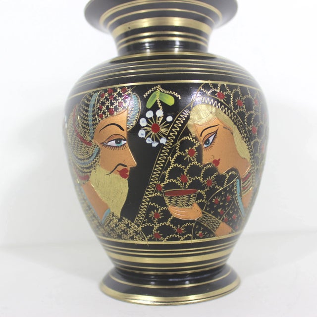 Vintage Blackened Painted and Etched Brass Vase Indian Wedding Couple For Sale - Image 9 of 9