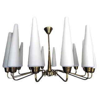 Large Mid-Century French Sunburst Chandelier with 14 White Satin Glasses from Arlus, 1950s For Sale