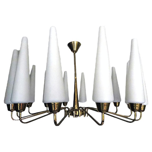 Large Mid-Century French Sunburst Chandelier with 14 White Satin Glasses from Arlus, 1950s For Sale