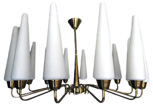Large Mid-Century French Sunburst Chandelier with 14 White Satin Glasses from Arlus, 1950s