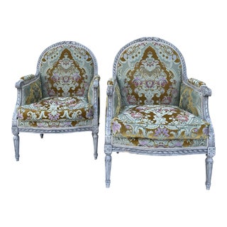 Antique French Louis XVI Style Painted Bergeres a La Reine With Italian Brocade Fabric- a Pair For Sale
