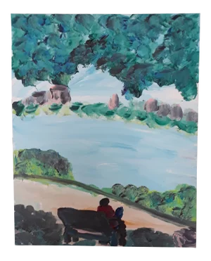 Robert Sundholm "Couple on Bench at the Hudson" Painting. Outside Art