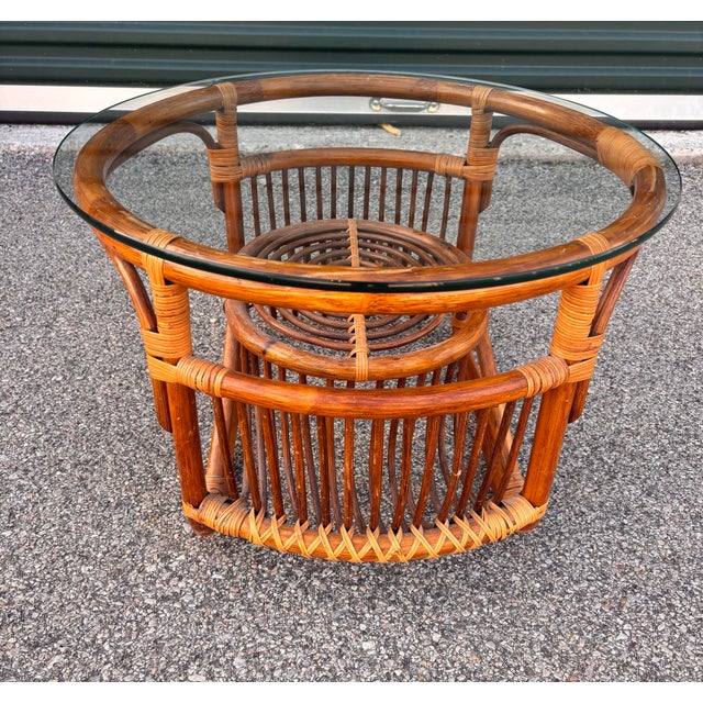 Wood 1970s Italian Mid Century Rattan and Glass Coffee Side Table For Sale - Image 7 of 12