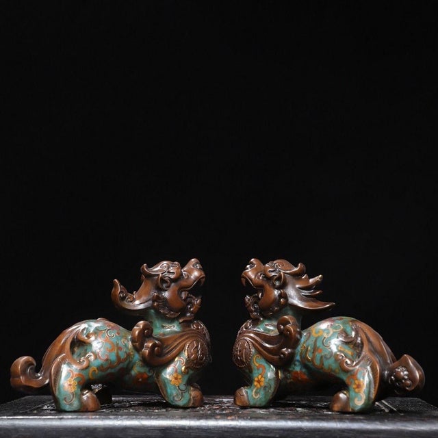 Metal Pair of Chinese Cloisonné Enamel Pixiu Statues For Sale - Image 7 of 9