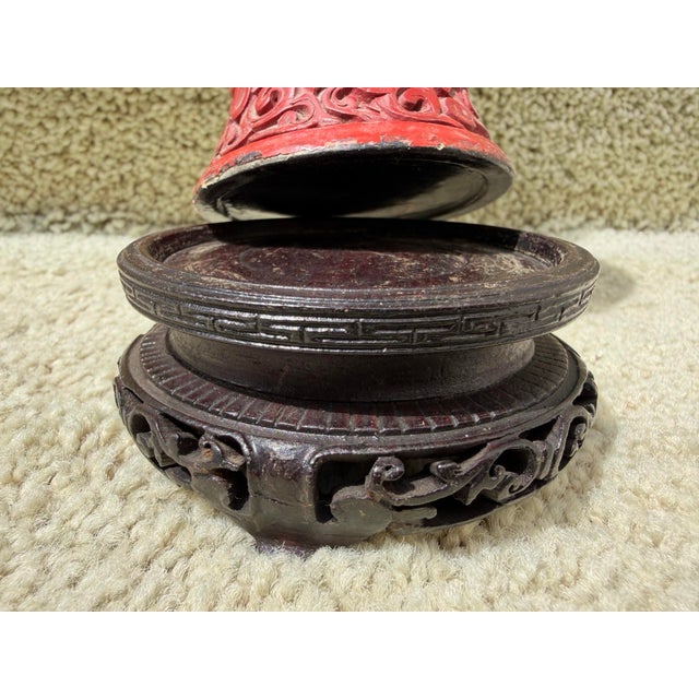 Wood Antique Chinese Republic Era Carved Red Cinnabar 7.5” Landscape & Figures Vase For Sale - Image 7 of 7
