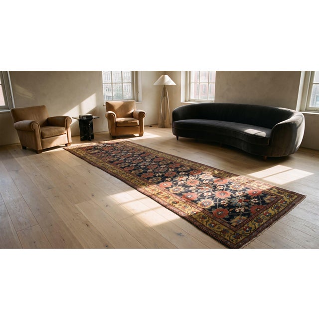 Navy Blue 1870s Blue Navy Floral Antique Persian Kurdish Rug 3'4" X 15'9" Handknotted Wool Carpet For Sale - Image 8 of 9