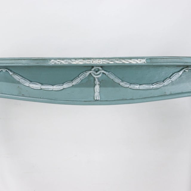 Vintage French Style Painted Console Table in Soft Blue With White Trim and Carved Floral Details For Sale - Image 9 of 15