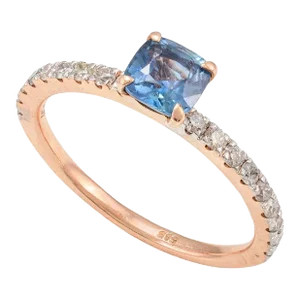 14k Solid Rose Gold Diamond and Cushion Cut Blue Sapphire Ring Size 7