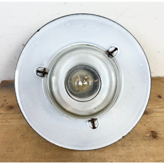 Industrial German Black Enamel Pendant Lamp with Glass Cover, 1930s For Sale - Image 9 of 14