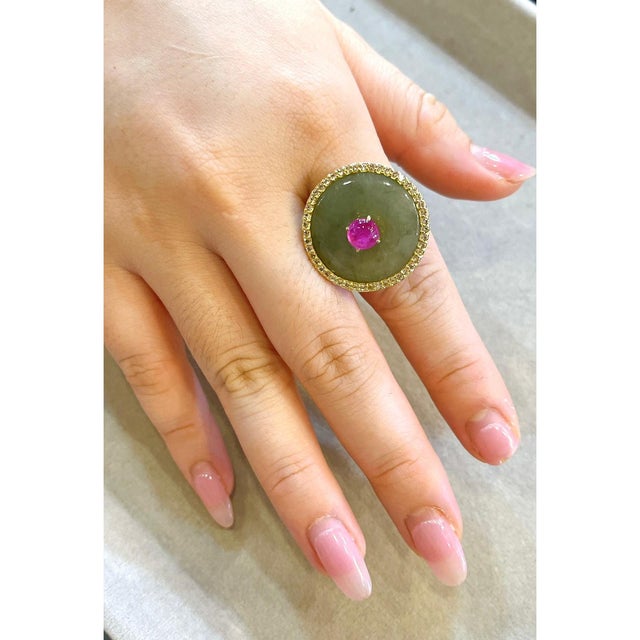 Metal Bochic “Orient” Jade, Ruby & Diamond Dome Ring Set 18k & Silver Size 6.5 For Sale - Image 7 of 8