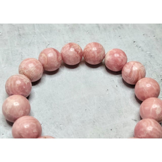 Natural Rose Rhodochrosite Stretch Beaded Bracelet With Pink Matrix, 9" Long For Sale In Cleveland - Image 6 of 9