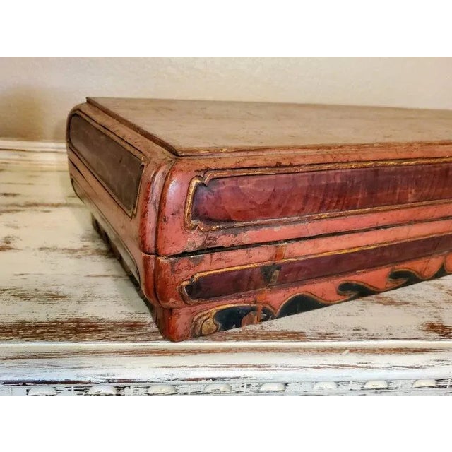 Burgundy Antique Chinese Food Presentation Carved Wood Partial Gilt Box For Sale - Image 8 of 11