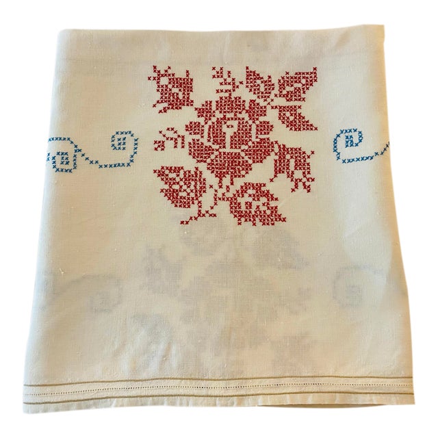 Vintage 1930s Cross-Stitched Embroidered Linen Tablecloth For Sale