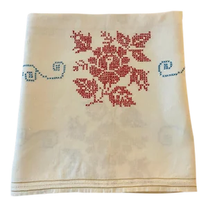 Vintage 1930s Cross-Stitched Embroidered Linen Tablecloth