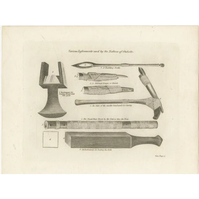 The print, titled "Various Instruments used by the Natives of Otaheite," was created by the artist John Webber, who is...