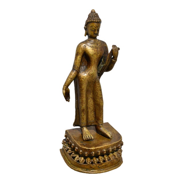 Antique Bronzed Standing Buddha Statue on Stand For Sale
