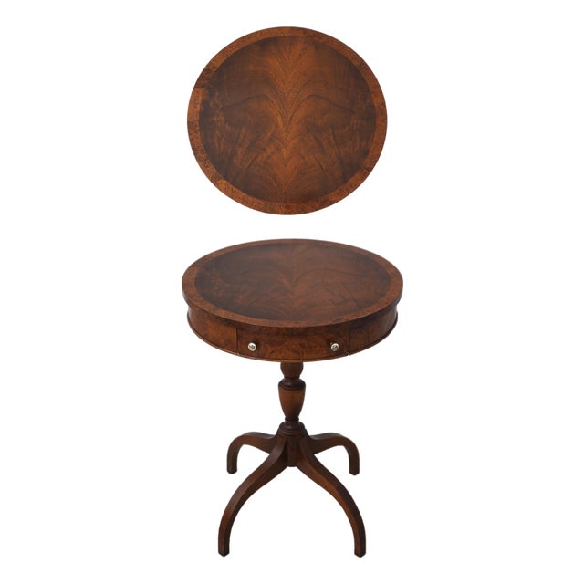 Round Burl Walnut & Mahogany 1 Drawer Pedestal Table For Sale