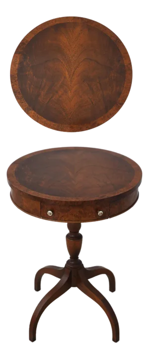Round Burl Walnut & Mahogany 1 Drawer Pedestal Table