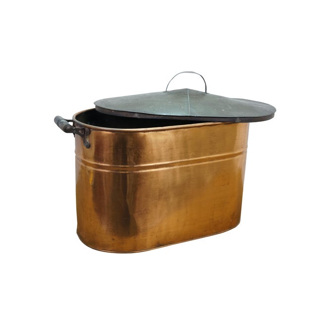 Victorian Antique Galvanized Copper Boiler Wash Tub Farmhouse Fireplace Coal Log Bin Lid 24" For Sale - Image 3 of 16