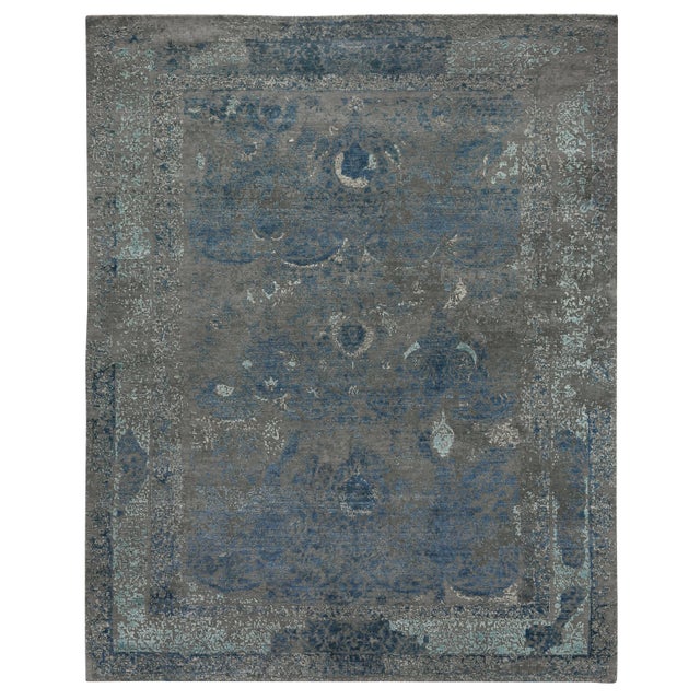 Jordan Gray/Blue Hand knotted Wool/Viscose/Cotton Area Rug - 10'x14' For Sale