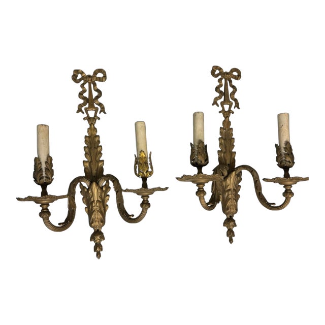 Pair of Vintage Two Light Gilt Metal Candelabra Wall Sconces Lamps For Sale