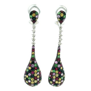 Italian 14k White Gold Diamond & Multicolor Sapphire Drop Earrings, A Pair For Sale