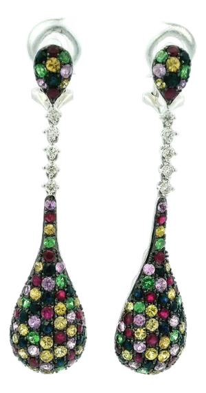 Italian 14k White Gold Diamond & Multicolor Sapphire Drop Earrings, A Pair