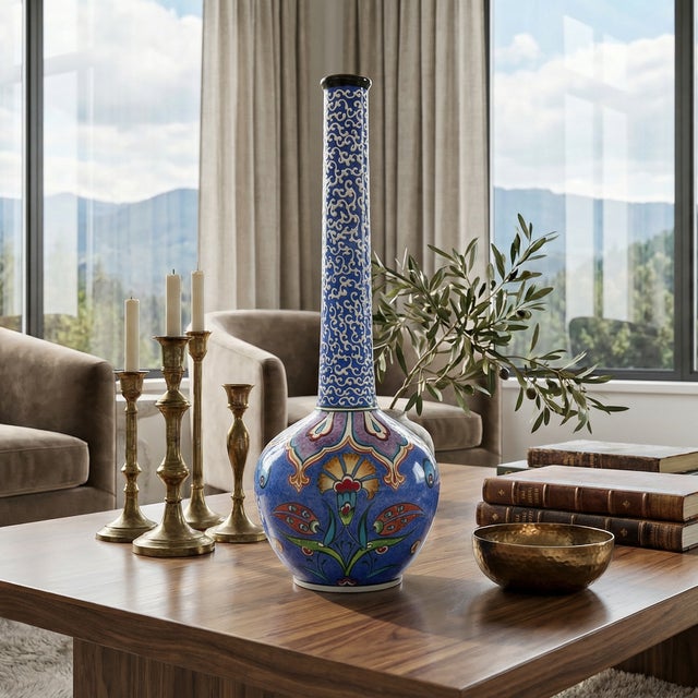 Turkish Handmade Ceramic “Topuz” Vase (35cm) Round Mace Body with Long Golden Horn Neck – Unique Mixed Pattern Decor For Sale - Image 3 of 6